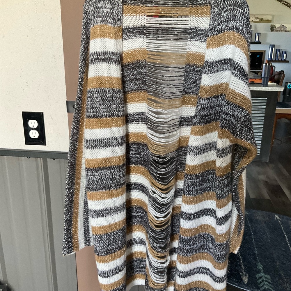 Daytrip Striped Open-Front Cardigan in Camel, White & Black